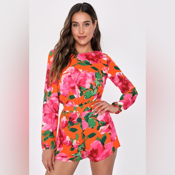 Lulus Women’s Sweetest Song Orange Floral Print Backless Long Sleeve Romper - Picture 3 of 15